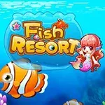 Pieni ruskeahiuksinen merenneito ja kaksi iloista raidallista kalaa kirkkaansinisessä vedenalaisessa ympäristössä, tekstillä Fish Resort