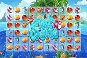 Pelissä on ruudukko, jossa on kuoria, kaloja ja merihevosia, taustalla näkyy trooppinen maisema ja teksti Fish World