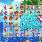 Pelissä on ruudukko, jossa on kuoria, kaloja ja merihevosia, taustalla näkyy trooppinen maisema ja teksti Fish World