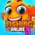 Oranssi piirretty kala hymyilee sinistä taustaa vasten, otsikolla Fishing Online 3