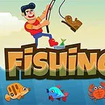 Mies onkimassa meressä, ja veden yläpuolella lukee Fishing