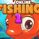 Iso, värikäs kala hymyilee vedenalaisessa maisemassa tekstin Online Fishing 2 alla