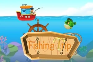 Punainen kalastusalus vedessä, suurikokoinen kala vedessä ja puinen kyltti, jossa lukee Fishing Trip