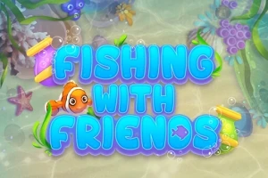 Sinisävyinen teksti Fishing with Friends vedessä, yhdessä sarjakuvakalan ja vesikasvien kanssa
