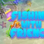 Sinisävyinen teksti Fishing with Friends vedessä, yhdessä sarjakuvakalan ja vesikasvien kanssa