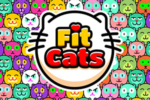 Värikäs tausta, jossa on erilaisia kissankasvoja, ja keskellä logo, jossa lukee Fit Cats