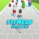 Nainen juoksee tiellä, jossa on erilaisia esineitä kuten hedelmiä ja juomia; edessä lukee sanat Fitness Race