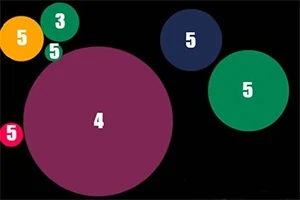Eri värisiä ja kokoisia palloja, joissa on numeroita mustalla taustalla