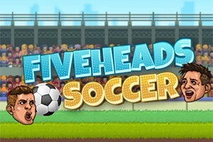 Kaksi piirrettyä henkilöhahmoa pelaa jalkapalloa stadionilla, taustalla katsomo ja teksti FIVEHEADS SOCCER