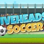 Kaksi piirrettyä henkilöhahmoa pelaa jalkapalloa stadionilla, taustalla katsomo ja teksti FIVEHEADS SOCCER
