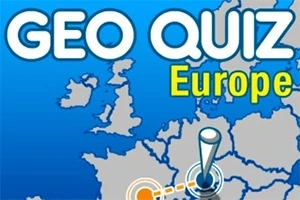 Kartta Euroopasta sinisellä taustalla, jossa lukee GEO QUIZ Europe
