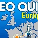 Kartta Euroopasta sinisellä taustalla, jossa lukee GEO QUIZ Europe