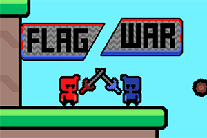 Kaksi pikselihahmoa, punainen ja sininen, taistelevat keskellä ruutua, ja taustalla näkyy teksti FLAG WAR