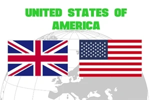 Yhdysvaltojen ja Britannian liput rinnakkain karttapohjan edessä, yläpuolella teksti UNITED STATES OF AMERICA