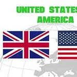 Yhdysvaltojen ja Britannian liput rinnakkain karttapohjan edessä, yläpuolella teksti UNITED STATES OF AMERICA