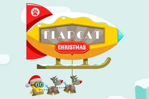 Ilmalaiva, jossa lukee Flapcat Christmas, sekä robotti ja kaksi poroa alapuolella