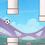 Taustalla stadion, jalkapallo liikkuu putkien välissä pilvistä taivasta vasten
