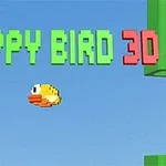 Kuva esittää kolmiulotteista pikselilintua sinisellä taustalla, vihreän putken vieressä, tekstin FLAPPY BIRD 3D alla