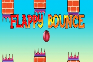 Punainen pallo ja teksti FLAPPY BOUNCE taivastaustalla, jossa on piikikkäitä tiilitorneja