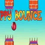 Punainen pallo ja teksti FLAPPY BOUNCE taivastaustalla, jossa on piikikkäitä tiilitorneja