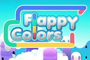 Värikäs Flappy Colors -teksti pilvistä ja violetista taustoitetusta maisemasta