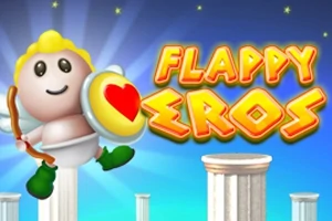 Sarjakuvamainen pieni enkeli hymyilee ja lentää rakennuspilareiden yläpuolella pidellen kilpeä, jossa on sydän, ja vasenta ylänurkkaa koristaa teksti FLAPPY EROS
