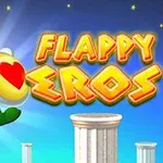Sarjakuvamainen pieni enkeli hymyilee ja lentää rakennuspilareiden yläpuolella pidellen kilpeä, jossa on sydän, ja vasenta ylänurkkaa koristaa teksti FLAPPY EROS