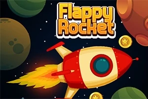 Punainen ja keltainen raketti lentää avaruudessa, ympärillään planeettoja ja kultakolikoita, sekä teksti Flappy Rocket