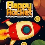 Punainen ja keltainen raketti lentää avaruudessa, ympärillään planeettoja ja kultakolikoita, sekä teksti Flappy Rocket
