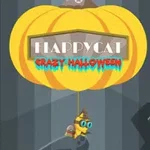Keltainen kurpitsa, jossa on teksti Happycat Crazy Halloween, ja pieni hahmo roikkuu sen alla