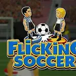 Kaksi sarjakuvamaista jalkapalloilijahahmoa seisoo vastakkain pallon kanssa, taustalla jalkapallokentän maisema