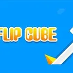 Sinisellä taustalla valkoinen kuutio liikkuu vinolla viivalla kohti oransseja kolmioita, ja vieressä on teksti FLIP CUBE