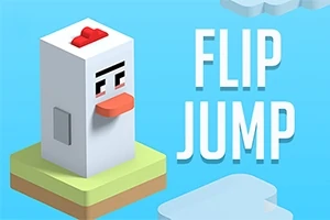 Valkea kuutiohahmo, joka muistuttaa kanaa, seisoo vihreällä alustalla vaaleansinistä taustaa vasten, vieressään teksti FLIP JUMP