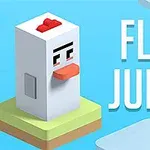 Valkea kuutiohahmo, joka muistuttaa kanaa, seisoo vihreällä alustalla vaaleansinistä taustaa vasten, vieressään teksti FLIP JUMP