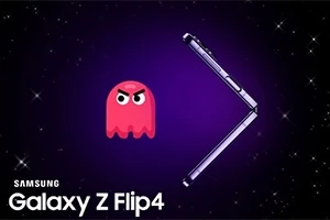 Punainen, vihainen piirroshahmo ja osittain taitettu Samsung Galaxy Z Flip4 -puhelin purppuralla tähtitaustalla
