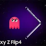 Punainen, vihainen piirroshahmo ja osittain taitettu Samsung Galaxy Z Flip4 -puhelin purppuralla tähtitaustalla