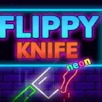 Neonvaloilla koristeltu kyltti, jossa lukee FLIPPY KNIFE ja kuvassa on myös neonvärinen veitsi