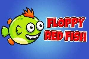 Vihreä kala oranssilla evällä ja harjaksilla sinisellä taustalla tekstin Floppy Red Fish vieressä