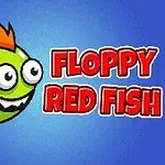Vihreä kala oranssilla evällä ja harjaksilla sinisellä taustalla tekstin Floppy Red Fish vieressä
