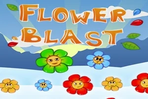 Kuvassa on värikkäitä piirrettyjä kukkia, joissa on hymyilevät kasvot, sinisellä taustalla auringonsäteiden kanssa, ja teksti Flower Blast yläosassa