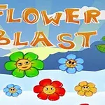 Kuvassa on värikkäitä piirrettyjä kukkia, joissa on hymyilevät kasvot, sinisellä taustalla auringonsäteiden kanssa, ja teksti Flower Blast yläosassa