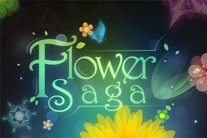 Värikäs kuva, jossa on teksti Flower Saga, ympärillä kukkia, perhonen ja lehtikuvioita tummalla taustalla