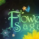 Värikäs kuva, jossa on teksti Flower Saga, ympärillä kukkia, perhonen ja lehtikuvioita tummalla taustalla