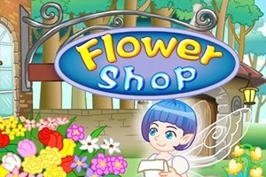 Satuolento sinisillä hiuksilla seisoo kukkivan kaupan edessä, jossa on värikäs Flower Shop -kyltti
