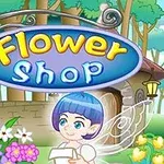 Satuolento sinisillä hiuksilla seisoo kukkivan kaupan edessä, jossa on värikäs Flower Shop -kyltti
