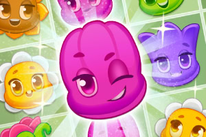 Värikäs piirros hedelmistä ja kukista, joissa keskellä silmää iskevä pinkki hyytelöhahmo