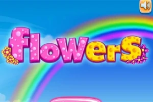 Tekstissä flowers on vaaleanpunaisia ja keltaisia kirjaimia, joissa on kukkakuvioita, taustalla sateenkaari ja sininen taivas