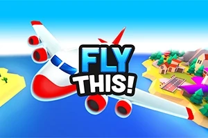Valkoinen lentokone lentää saariston yllä kirkkaan sinistä taivasta vasten, ja keskellä on teksti FLY THIS!