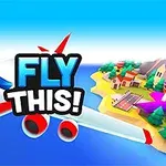 Valkoinen lentokone lentää saariston yllä kirkkaan sinistä taivasta vasten, ja keskellä on teksti FLY THIS!