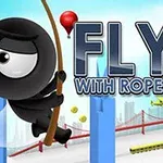 Mustapukuinen hahmo roikkuu köydestä suuren kaupungin yllä, taustalla näkyy silta, sinisiä torneja ja teksti Fly With Rope 2